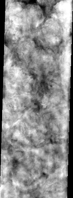 Heavy water ice clouds almost completely obscure the surface in Vastitas Borealis, as seen in this image from NASA Mars Odyssey spacecraft.