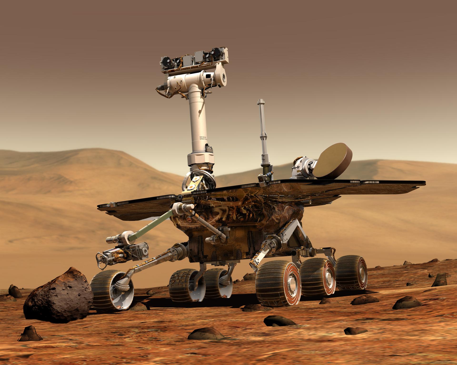 An artist concept portrays a NASA Mars Exploration Rover on the surface of Mars. Two rovers were launched in 2003 and arrived at sites on Mars in January 2004.