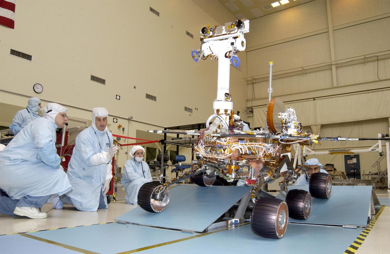 NASA Rover 2 is driven over staggered ramps to test the suspension range of motion.