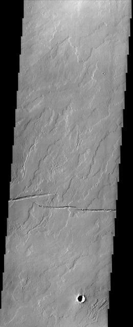In this image from NASA Mars Odyssey spacecraft, numerous lava flows and fossae cracks are visible in a region of Mars located southeast of Olympus Mons. There is also a hint that water may have possibly flowed in the region.