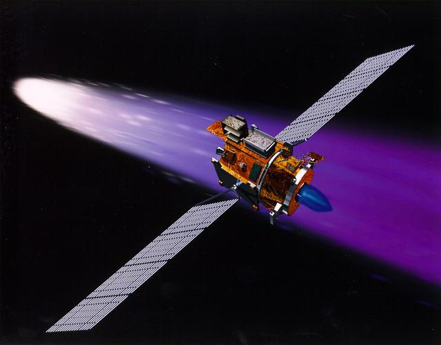 NASA's New Millennium Deep Space 1 spacecraft approaching the comet 19P/Borrelly. With its primary mission to serve as a technology demonstrator--testing ion propulsion and 11 other advanced technologies--successfully completed in September 1999, Deep Space 1 is now headed for a risky, exciting rendezvous with Comet Borrelly. NASA extended the mission, taking advantage of the ion propulsion and other systems to target the daring encounter with the comet in September 2001. Once a sci-fi dream, the ion propulsion engine has powered the spacecraft for over 12,000 hours. Another onboard experiment includes software that tracks celestial bodies so the spacecraft can make its own navigation decisions without the intervention of ground controllers. The first flight in NASA's New Millennium Program, Deep Space 1 was launched October 24, 1998 aboard a Boeing Delta 7326 rocket from Cape Canaveral Air Station, FL. Deep Space 1 successfully completed and exceeded its mission objectives in July 1999 and flew by a near-Earth asteroid, Braille (1992 KD), in September 1999.  http://photojournal.jpl.nasa.gov/catalog/PIA04604