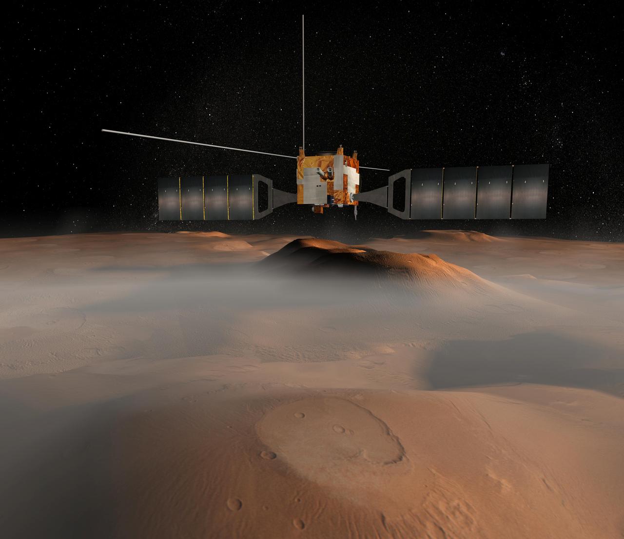 The European Space Agency Mars Express spacecraft is depicted in orbit around Mars in this artist concept illustration.  The spacecraft was launched June 2, 2003, from Baikonur, Kazakhstan, on a journey to arrive at Mars in December 2003.  http://photojournal.jpl.nasa.gov/catalog/PIA04802