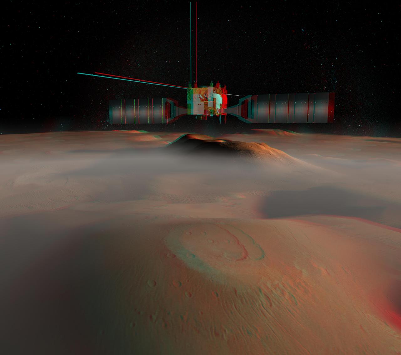 The European Space Agency's Mars Express spacecraft is depicted in orbit around Mars in this artist's concept stereo illustration.  The spacecraft was launched June 2, 2003, from Baikonur, Kazakhstan, on a journey to arrive at Mars in December 2003.  This red-blue anaglyph artwork can be viewed in 3-D on your computer monitor or in color print form by wearing red-blue (cyan) 3-D glasses.  http://photojournal.jpl.nasa.gov/catalog/PIA04803