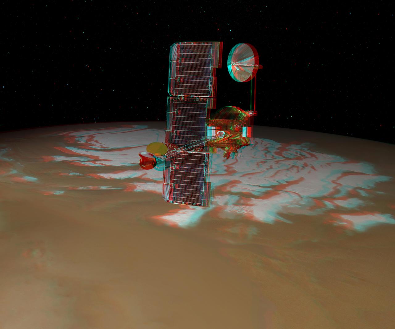NASA Mars Odyssey spacecraft passes above Mars south pole in this artist concept illustration. 3D glasses are necessary to view this image.