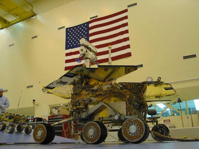 One of two Mars Exploration Rovers sits inside its cruise stage waitingto undergo environmental testing at NASA Jet PropulsionLaboratory.