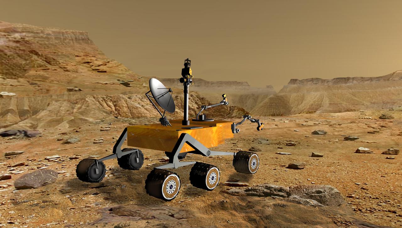 NASA Mars Science Laboratory travels near a canyon on Mars in this artist concept. The mission is under development for launch in 2009 and a precision landing on Mars in 2010.