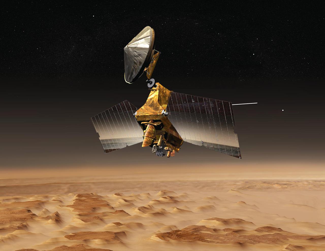 NASA Mars Reconnaissance Orbiter passes above a portion of the planet called Nilosyrtis Mensae in this artist concept illustration.