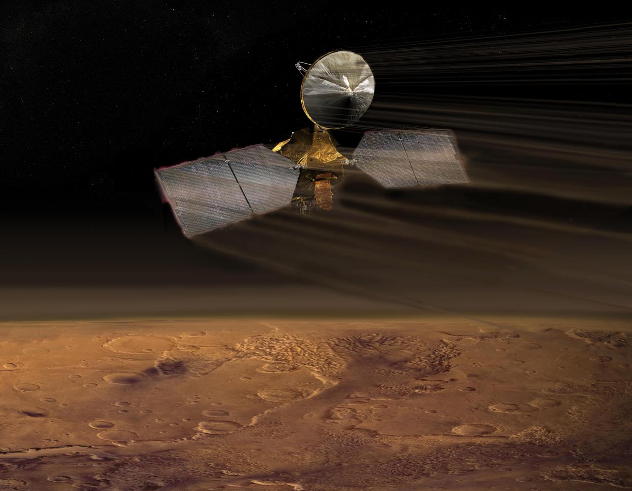 NASA Mars Reconnaissance Orbiter dips into the thin martian atmosphere to adjust its orbit in this artist concept illustration.