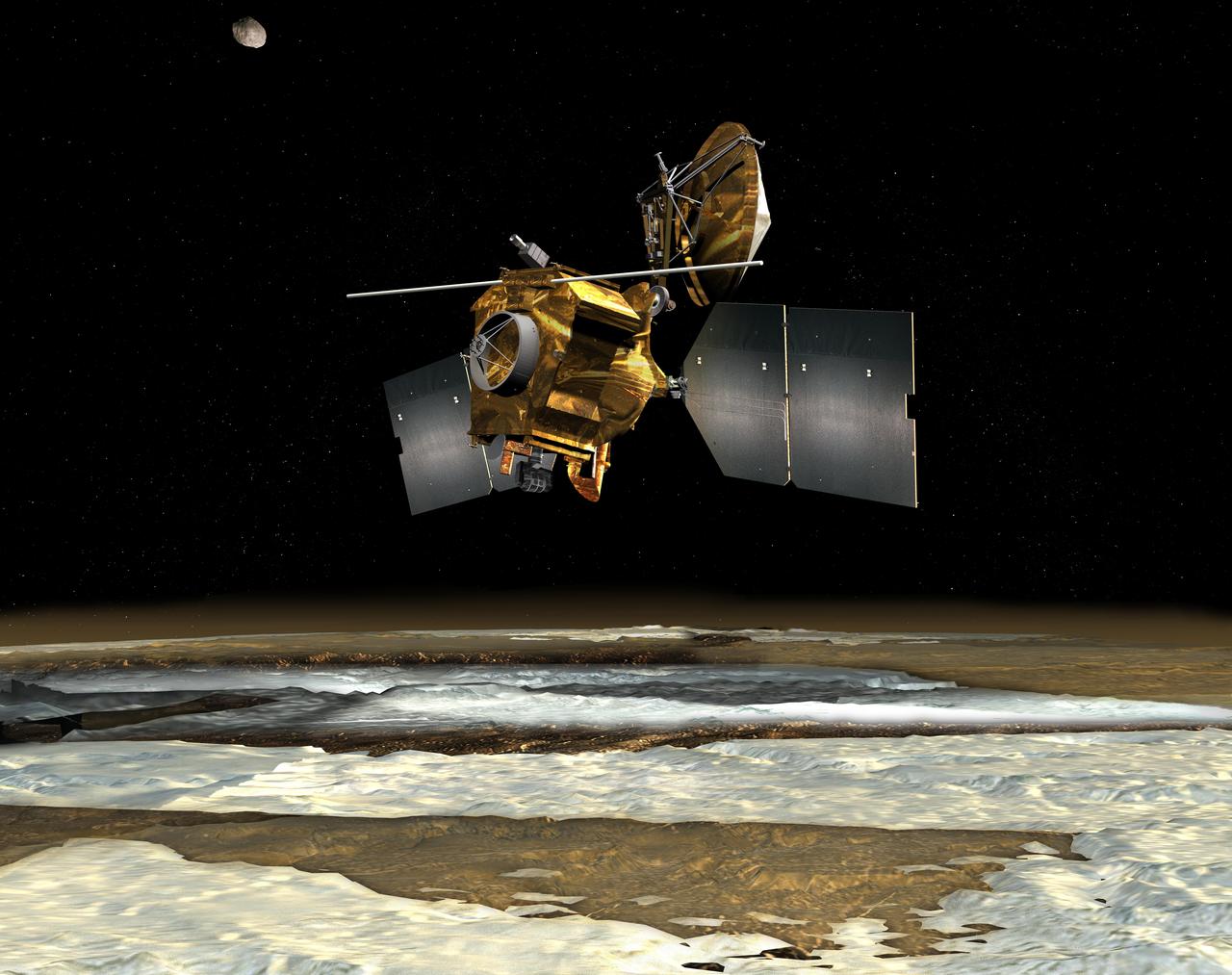 NASA Mars Reconnaissance Orbiter passes over the planet south polar region in this artist concept illustration.