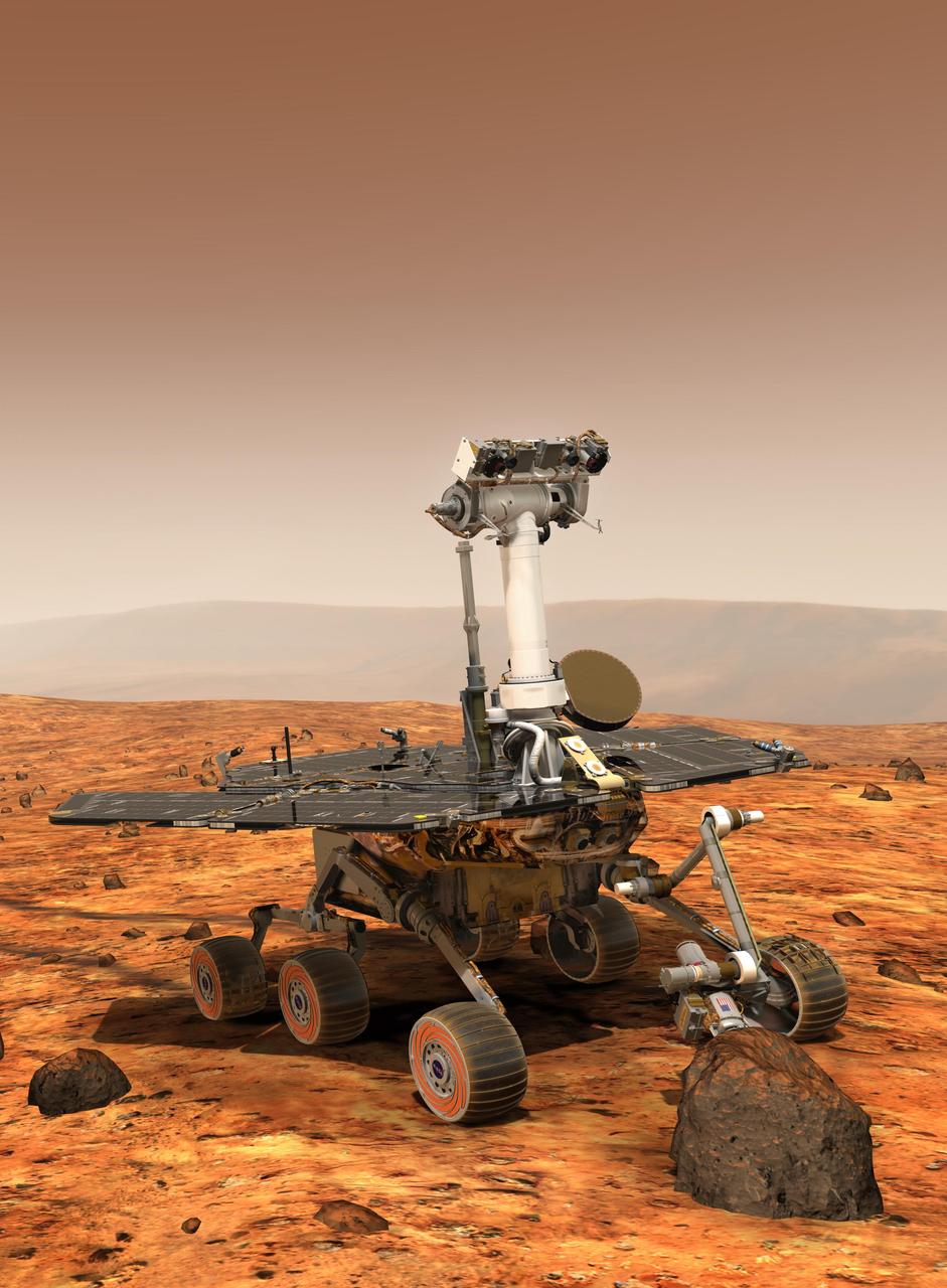 An artist's concept portrays a NASA Mars Exploration Rover on the surface of Mars. Two rovers, Spirit and Opportunity, will reach Mars in January 2004. Each has the mobility and toolkit to function as a robotic geologist.  http://photojournal.jpl.nasa.gov/catalog/PIA04928