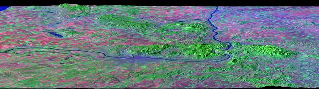 NASA image: Budapest, Hungary, Perspective View, SRTM Elevation Model with Landsat Overlay