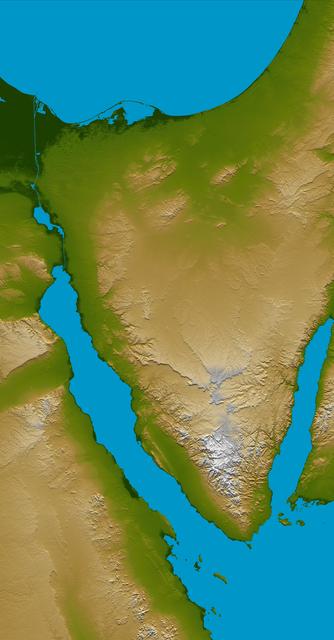 NASA image: Sinai Peninsula, Shaded Relief and Colored Height