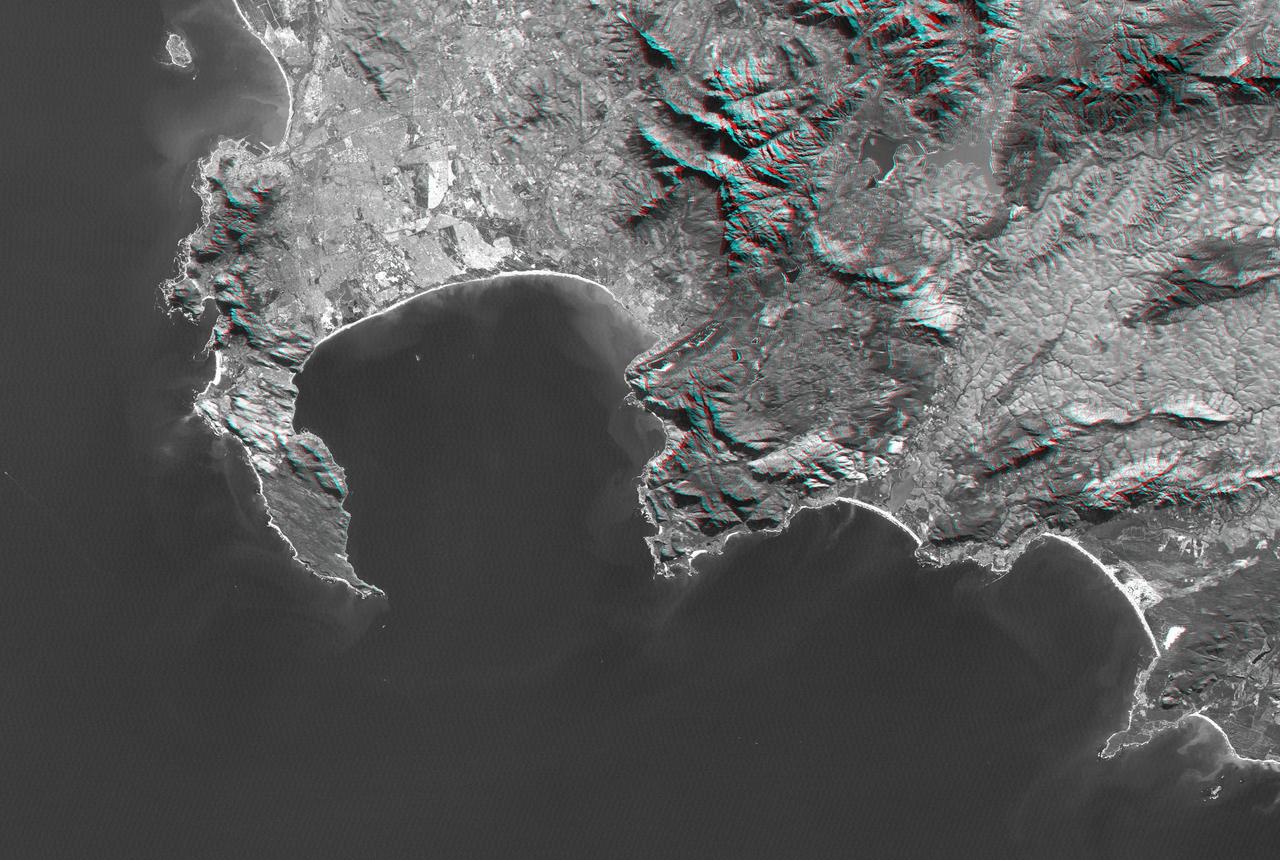 Cape Town and the Cape of Good Hope, South Africa, appear on the left west of this anaglyph from NASA Shuttle Radar Topography Mission. 3D glasses are necessary to view this image.