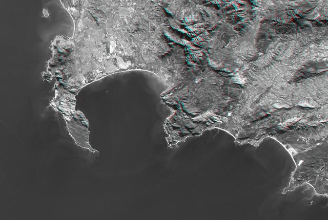 NASA image: Cape Town, South Africa, Anaglyph, Landsat Image over SRTM Elevation