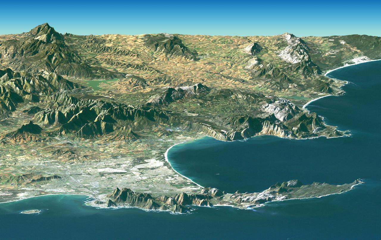 Cape Town and the Cape of Good Hope, South Africa, appear in the foreground of this perspective view generated from a Landsat satellite image and elevation data from NASA Space Shuttle Endeavour.