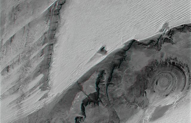 NASA image: Richat Structure, Mauritania, Anaglyph, Landsat Image over SRTM Elevation