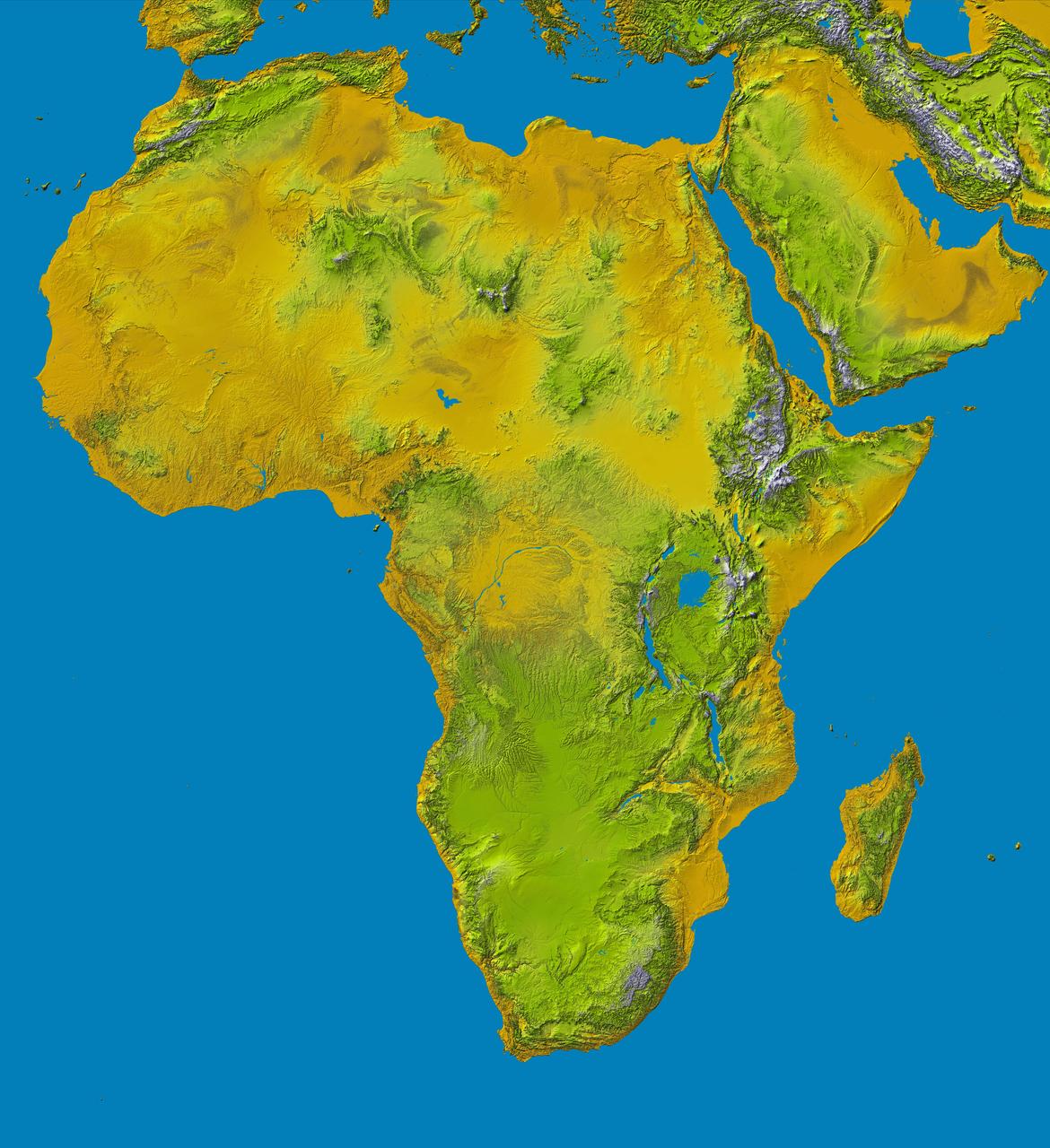 Elevation data at the highest possible resolution from NASA SRTM mission in February 2000 are being released for the first time for most of the African continent. This color shaded relief image shows the extent of SRTM digital elevation data for Africa.