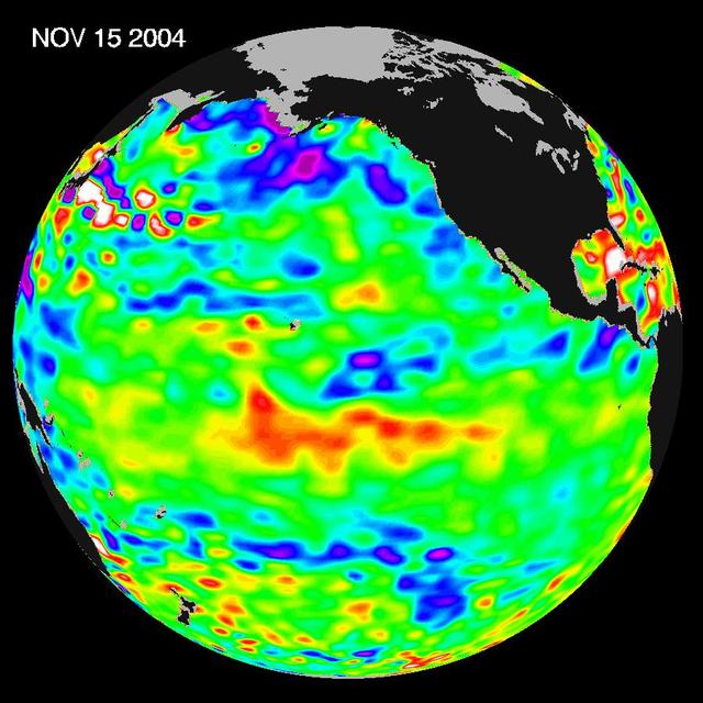 Recent sea-level height data from NASA U.S./France Jason altimetric satellite during a 10-day cycle ending November 15, 2004.