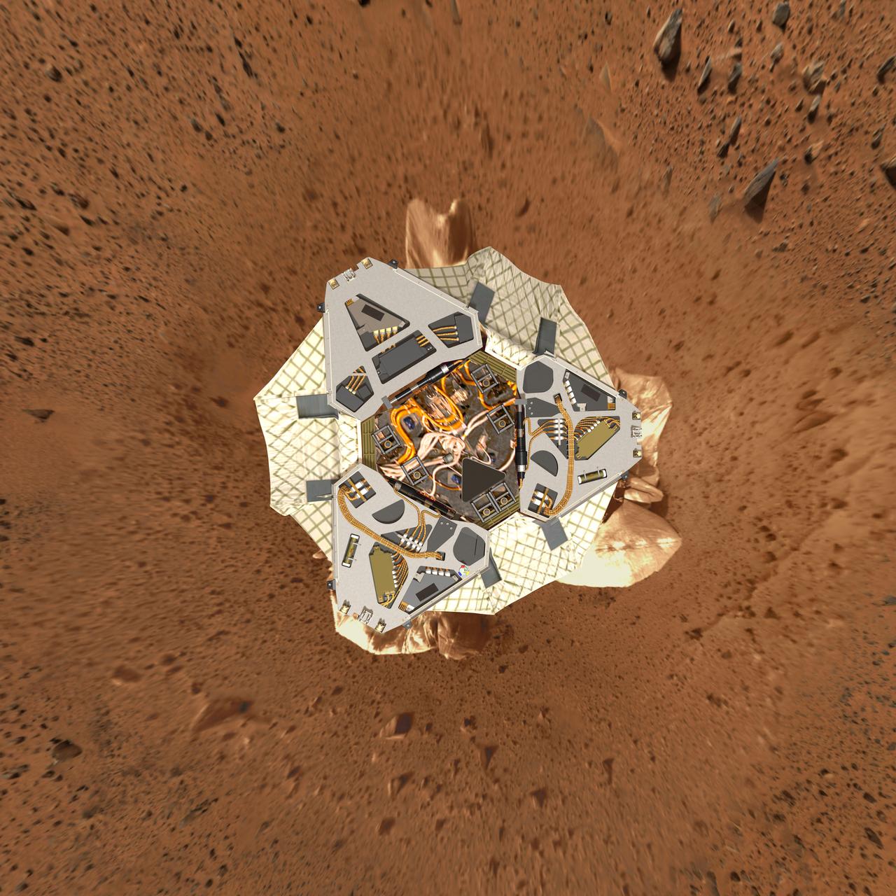 This high-resolution image shows a computer-generated model of Spirit lander at Gusev Crater as engineers and scientists would have expected to see it from a perfect overhead view.