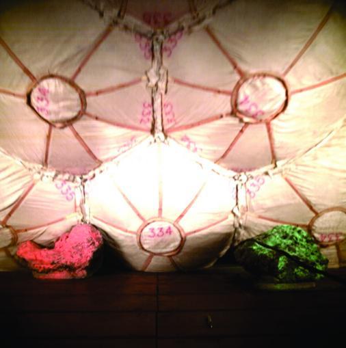 Bearing a striking resemblance to a cluster of paper lanterns, these inflated airbags show a pattern of seams exactly like those left in the martian soil by the Mars Exploration Rover Opportunity during landing at Meridiani Planum, Mars.