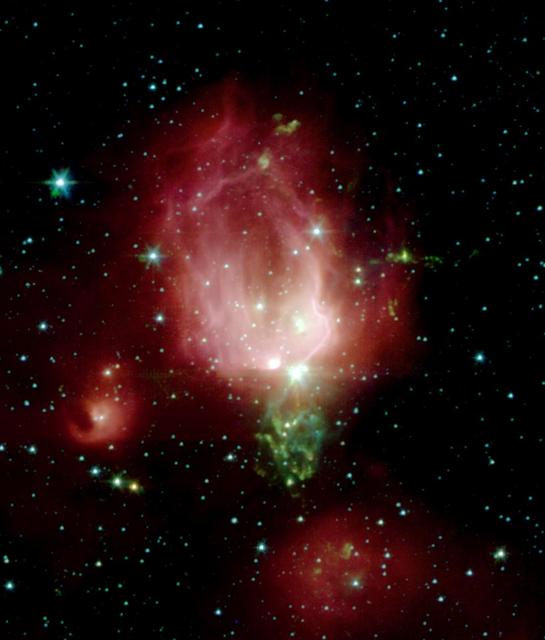 A cluster of newborn stars herald their birth in this interstellar Valentine Day commemorative picture obtained with NASA Spitzer Space Telescope. These bright young stars are found in a rosebud-shaped and rose-colored nebulosity known as NGC 7129. The star cluster and its associated nebula are located at a distance of 3300 light-years in the constellation Cepheus.  A recent census of the cluster reveals the presence of 130 young stars. The stars formed from a massive cloud of gas and dust that contains enough raw materials to create a thousand Sun-like stars. In a process that astronomers still poorly understand, fragments of this molecular cloud became so cold and dense that they collapsed into stars. Most stars in our Milky Way galaxy are thought to form in such clusters.  The Spitzer Space Telescope image was obtained with an infrared array camera that is sensitive to invisible infrared light at wavelengths that are about ten times longer than visible light. In this four-color composite, emission at 3.6 microns is depicted in blue, 4.5 microns in green, 5.8 microns in orange, and 8.0 microns in red. The image covers a region that is about one quarter the size of the full moon.  As in any nursery, mayhem reigns. Within the astronomically brief period of a million years, the stars have managed to blow a large, irregular bubble in the molecular cloud that once enveloped them like a cocoon. The rosy pink hue is produced by glowing dust grains on the surface of the bubble being heated by the intense light from the embedded young stars. Upon absorbing ultraviolet and visible-light photons produced by the stars, the surrounding dust grains are heated and re-emit the energy at the longer infrared wavelengths observed by Spitzer. The reddish colors trace the distribution of molecular material thought to be rich in hydrocarbons.  The cold molecular cloud outside the bubble is mostly invisible in these images. However, three very young stars near the center of the image are sending jets of supersonic gas into the cloud. The impact of these jets heats molecules of carbon monoxide in the cloud, producing the intricate green nebulosity that forms the stem of the rosebud.  Not all stars are formed in clusters. Away from the main nebula and its young cluster are two smaller nebulae, to the left and bottom of the central 'rosebud,'each containing a stellar nursery with only a few young stars.  Astronomers believe that our own Sun may have formed billions of years ago in a cluster similar to NGC 7129. Once the radiation from new cluster stars destroys the surrounding placental material, the stars begin to slowly drift apart.  http://photojournal.jpl.nasa.gov/catalog/PIA05266