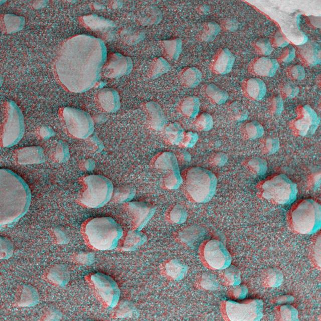 This 3-D anaglyph, from NASA Mars Exploration Rover Spirit, shows an extreme close-up of round, blueberry-shaped grains on the crater floor near the rock outcrop at Meridiani Planum called Stone Mountain. 3D glasses are necessary.