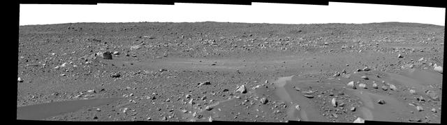 This mosaic image from the panoramic camera on the Mars Exploration Rover Spirit shows the area in front of the rover after its record 27.5 meters (90.2 feet) drive on Sol 43, which ended February 16, 2004. Spirit is looking toward one of its future targets, the rim of a crater nicknamed "Bonneville." http://photojournal.jpl.nasa.gov/catalog/PIA05314