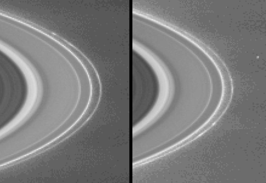 Scientists have only a rough idea of the lifetime of clumps in Saturn's rings - a mystery that Cassini may help answer.  The latest images taken by the Cassini-Huygens spacecraft show clumps seemingly embedded within Saturn's narrow, outermost F ring. The narrow angle camera took the images on Feb. 23, 2004, from a distance of 62.9 million kilometers (39 million miles). The two images taken nearly two hours apart show these clumps as they revolve about the planet. The small dot at center right in the second image is one of Saturn's small moons, Janus, which is 181 kilometers, (112 miles) across.  Like all particles in Saturn's ring system, these clump features orbit the planet in the same direction in which the planet rotates. This direction is clockwise as seen from Cassini's southern vantage point below the ring plane. Two clumps in particular, one of them extended, is visible in the upper part of the F ring in the image on the left, and in the lower part of the ring in the image on the right. Other knot-like irregularities in the ring's brightness are visible in the image on the right.  The core of the F ring is about 50 kilometers (31miles) wide, and from Cassini's current distance, is not fully visible. The imaging team enhanced the contrast of the images and magnified them to aid visibility of the F ring and the clump features. The camera took the images with the green filter, which is centered at 568 nanometers. The image scale is 377 kilometers (234 miles) per pixel.  NASA's two Voyager spacecraft that flew past Saturn in 1980 and 1981 were the first to see these clumps. The Voyager data suggest that the clumps change very little and can be tracked as they orbit for 30 days or more. No clump survived from the time of the first Voyager flyby to the Voyager 2 flyby nine months later. Scientists are not certain of the cause of these features. Among the theories proposed are meteoroid bombardments and inter-particle collisions in the F ring.  http://photojournal.jpl.nasa.gov/catalog/PIA05382