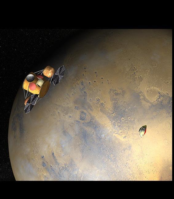 This artist concept of the proposed NASA Mars Sample Return mission shows the orbiter and lander, just after the orbiter would release the lander to descend through the martian atmosphere.