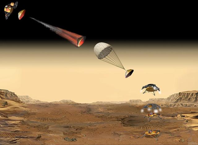 This artist concept of the proposed NASA Mars Sample Return mission shows the entry, descent and landing sequence the lander would undergo on its way to Mars.