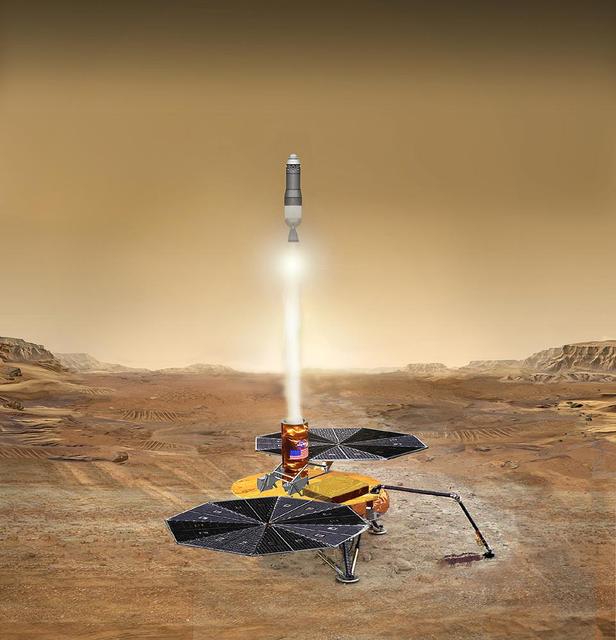 This artist concept of the proposed NASA Mars Sample Return mission shows the launch of the martian sample back toward Earth.