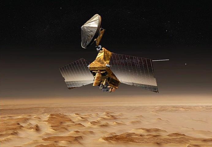 This artist concept shows NASA Mars Reconnaissance Orbiter mission over the red planet.