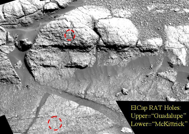 The red marks in this image, taken by the Mars Exploration Rover Opportunity's panoramic camera, indicate holes made by the rover's rock abrasion tool, located on its instrument deployment device, or "arm." The lower hole, located on a target called "McKittrick," was made on the 30th martian day, or sol, of Opportunity's journey. The upper hole, located on a target called "Guadalupe" was made on sol 34 of the rover's mission. The mosaic image was taken using a blue filter at the "El Capitan" region of the Meridiani Planum, Mars, rock outcrop. The image, shown in a vertical-perspective map projection, consists of images acquired on sols 27, 29 and 30 of the rover's mission. http://photojournal.jpl.nasa.gov/catalog/PIA05513