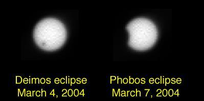 The panoramic camera on NASA Opportunity combines the first photographs of solar eclipses by Mars two moons, Deimos and Phobos. Deimos appears as a speck in front of the Sun and Phobos grazes its edge.