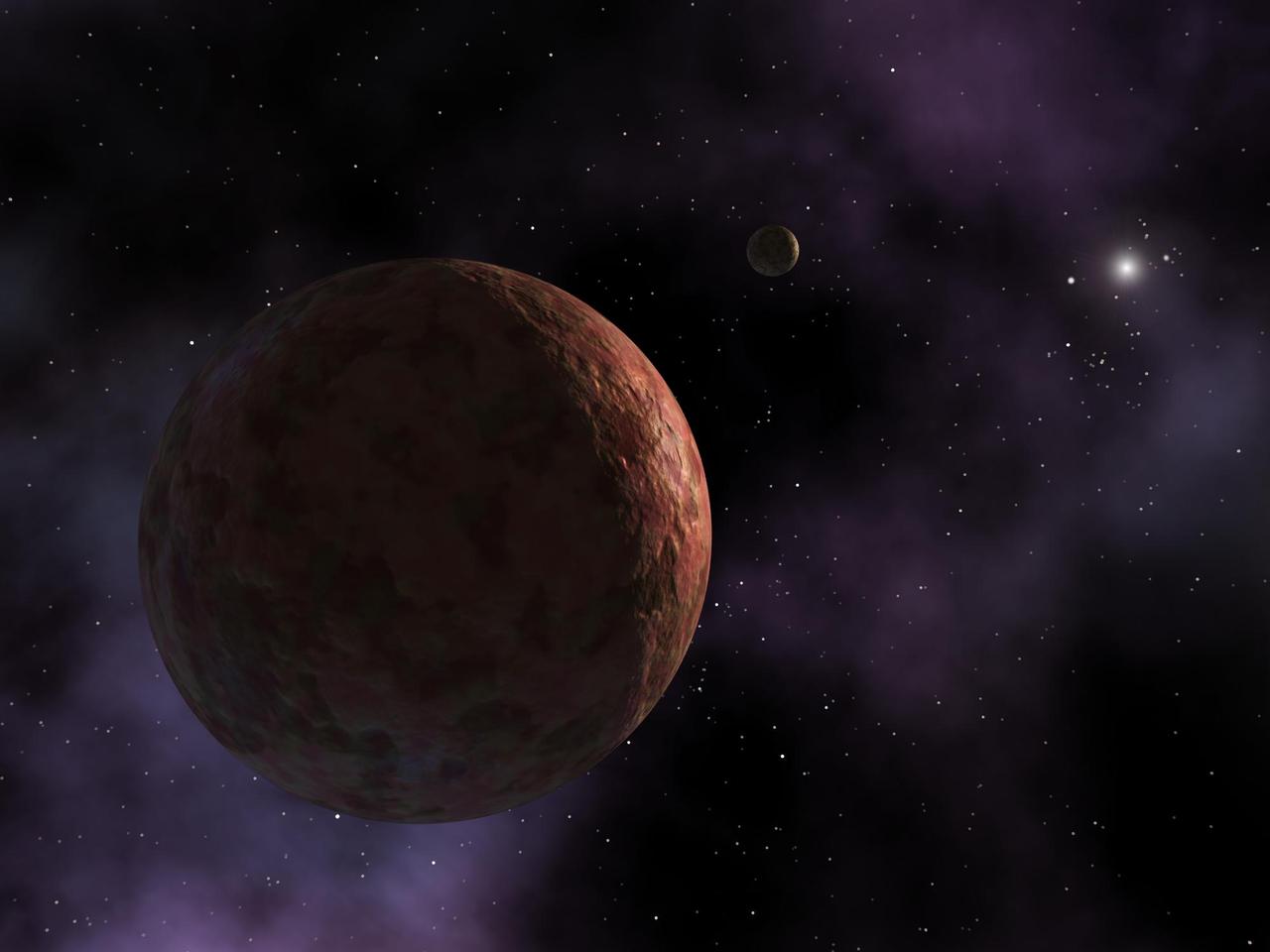In this artist's visualization, the newly discovered planet-like object, dubbed "Sedna," is shown where it resides at the outer edges of the known solar system. The object is so far away that the Sun appears as an extremely bright star instead of a large, warm disc observed from Earth. All that is known about Sedna's appearance is that it has a reddish hue, almost as red and reflective as the planet Mars. In the distance is a hypothetical small moon, which scientists believe may be orbiting this distant body. http://photojournal.jpl.nasa.gov/catalog/PIA05566