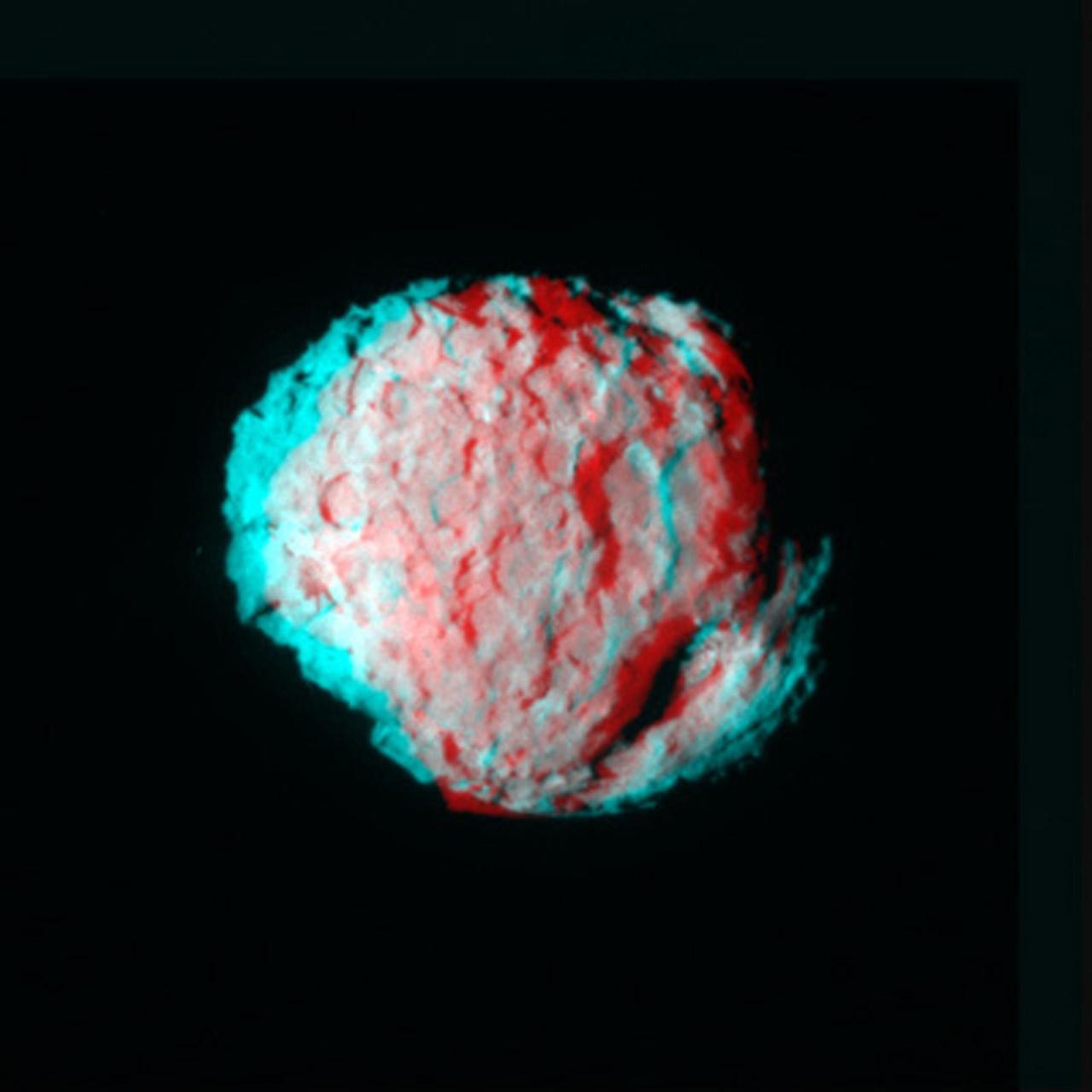 NASA Stardust Navigation Camera captured this anaglyph of the comet Wild 2. 3D glasses are necessary to view this image.