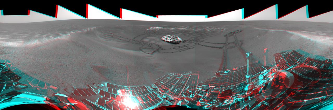 This is the 3-D version of NASA Mars Exploration Rover Opportunity view on its 56th sol on Mars, before it left Eagle Crater. 3D glasses are necessary to view this image.