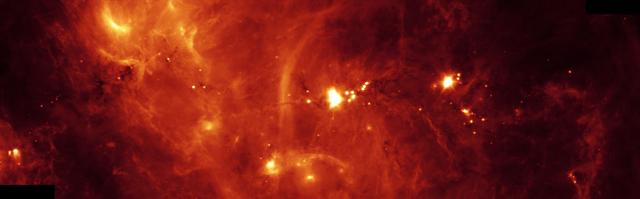 Hidden behind a shroud of dust in the constellation Cygnus is an exceptionally bright source of radio emission called DR21. Visible light images reveal no trace of what is happening in this region because of heavy dust obscuration. In fact, visible light is attenuated in DR21 by a factor of more than 10,000,000,000,000,000,000,000,000,000, 000,000,000,000 (ten thousand trillion heptillion).      New images from NASA's Spitzer Space Telescope allow us to peek behind the cosmic veil and pinpoint one of the most massive natal stars yet seen in our Milky Way galaxy. The never-before-seen star is 100,000 times as bright as the Sun. Also revealed for the first time is a powerful outflow of hot gas emanating from this star and bursting through a giant molecular cloud.      This image shows a 24-micron image mosaic, obtained with the Multiband Imaging Photometer aboard Spitzer (MIPS). This image maps the cooler infrared emission from interstellar dust found throughout the interstellar medium. The DR21 complex is clearly seen near the center of the strip, which covers about twice the area of the IRAC image.      Perhaps the most fascinating feature in this image is a long and shadowy linear filament extending towards the 10 o'clock position of DR21. This jet of cold and dense gas, nearly 50 light-years in extent, appears in silhouette against a warmer background. This filament is too long and massive to be a stellar jet and may have formed from a pre-existing molecular cloud core sculpted by DR21's strong winds. Regardless of its true nature, this jet and the numerous other arcs and wisps of cool dust signify the interstellar turbulence normally unseen by the human eye.  http://photojournal.jpl.nasa.gov/catalog/PIA05733