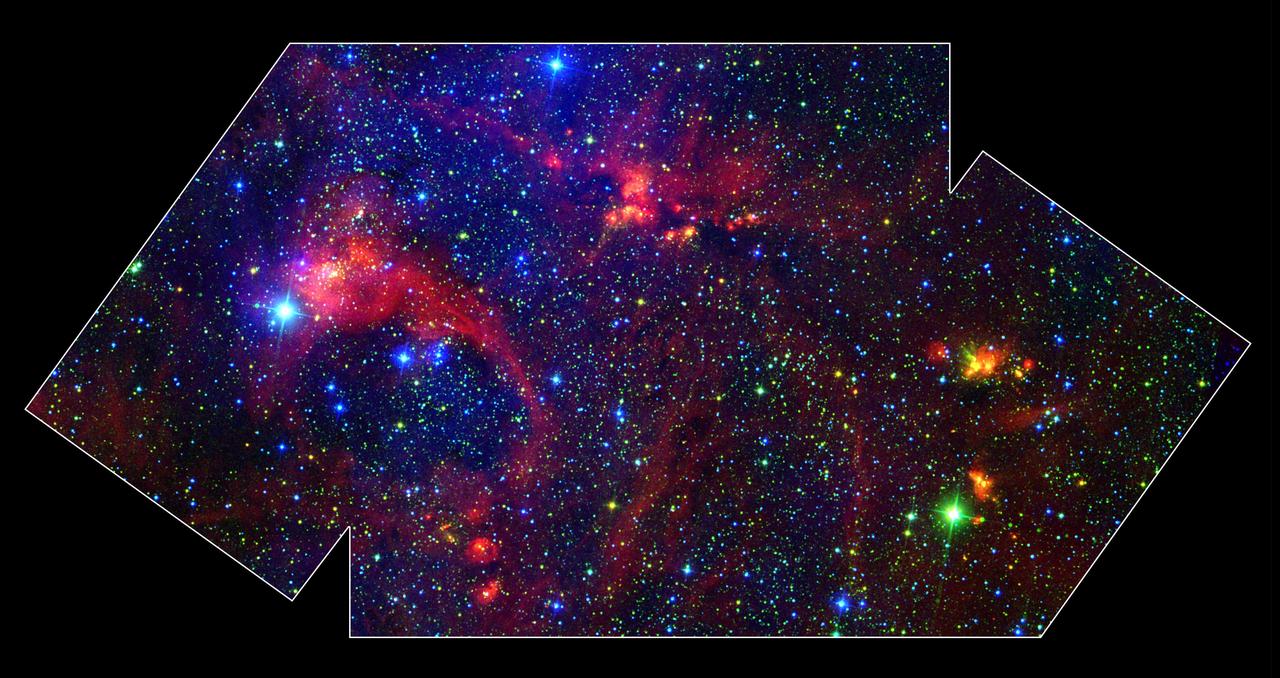 Hidden behind a shroud of dust in the constellation Cygnus is a stellar nursery called DR21, which is giving birth to some of the most massive stars in our galaxy. Visible light images reveal no trace of this interstellar cauldron because of heavy dust obscuration. In fact, visible light is attenuated in DR21 by a factor of more than 10,000,000,000,000,000,000,000,000,000,000,000,000,000 (ten thousand trillion heptillion). New images from NASA's Spitzer Space Telescope allow us to peek behind the cosmic veil and pinpoint one of the most massive natal stars yet seen in our Milky Way galaxy. The never-before-seen star is 100,000 times as bright as the Sun. Also revealed for the first time is a powerful outflow of hot gas emanating from this star and bursting through a giant molecular cloud. The colorful image is a large-scale composite mosaic assembled from data collected at a variety of different wavelengths. Views at visible wavelengths appear blue, near-infrared light is depicted as green, and mid-infrared data from the InfraRed Array Camera (IRAC) aboard NASA's Spitzer Space Telescope is portrayed as red. The result is a contrast between structures seen in visible light (blue) and those observed in the infrared (yellow and red). A quick glance shows that most of the action in this image is revealed to the unique eyes of Spitzer. The image covers an area about two times that of a full moon. http://photojournal.jpl.nasa.gov/catalog/PIA05734
