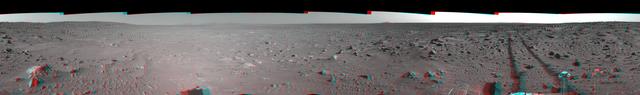 This 3-D cylindrical-perspective mosaic was created from navigation camera images that NASA Mars Exploration Rover Spirit captured on on sol 93. 3D glasses are necessary to view this image.