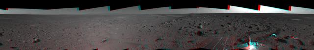 This 3-D cylindrical-perspective mosaic was created from navigation camera images that NASA Mars Exploration Rover Spirit captured on on sol 107. 3D glasses are necessary to view this image.