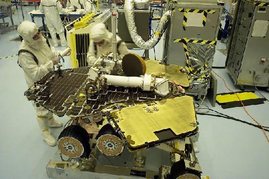 This scene from NASA Kennedy Space Center in April 2003 shows work during final processing of the spacecraft then known as NASA Mars Exploration Rover B and later named Opportunity.