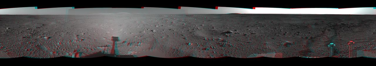 This 3-D cylindrical-perspective mosaic was created from navigation camera images that NASA Mars Exploration Rover Spirit captured on on sol 122. 3D glasses are necessary to view this image.