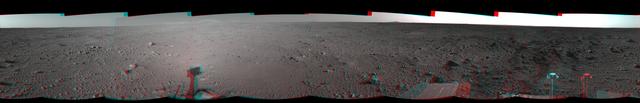 This 3-D cylindrical-perspective mosaic was created from navigation camera images that NASA Mars Exploration Rover Spirit captured on on sol 124. 3D glasses are necessary to view this image.