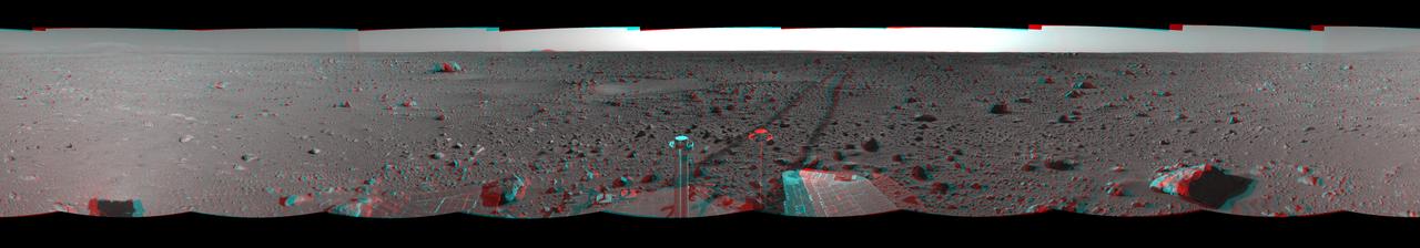 This 3-D cylindrical-perspective mosaic was created from navigation camera images that NASA Mars Exploration Rover Spirit captured on on sol 127. 3D glasses are necessary to view this image.