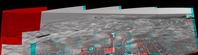 This 3-D cylindrical-perspective mosaic was created from navigation camera images that NASA Mars Exploration Rover Spirit captured on on sol 115. 3D glasses are necessary to view this image.