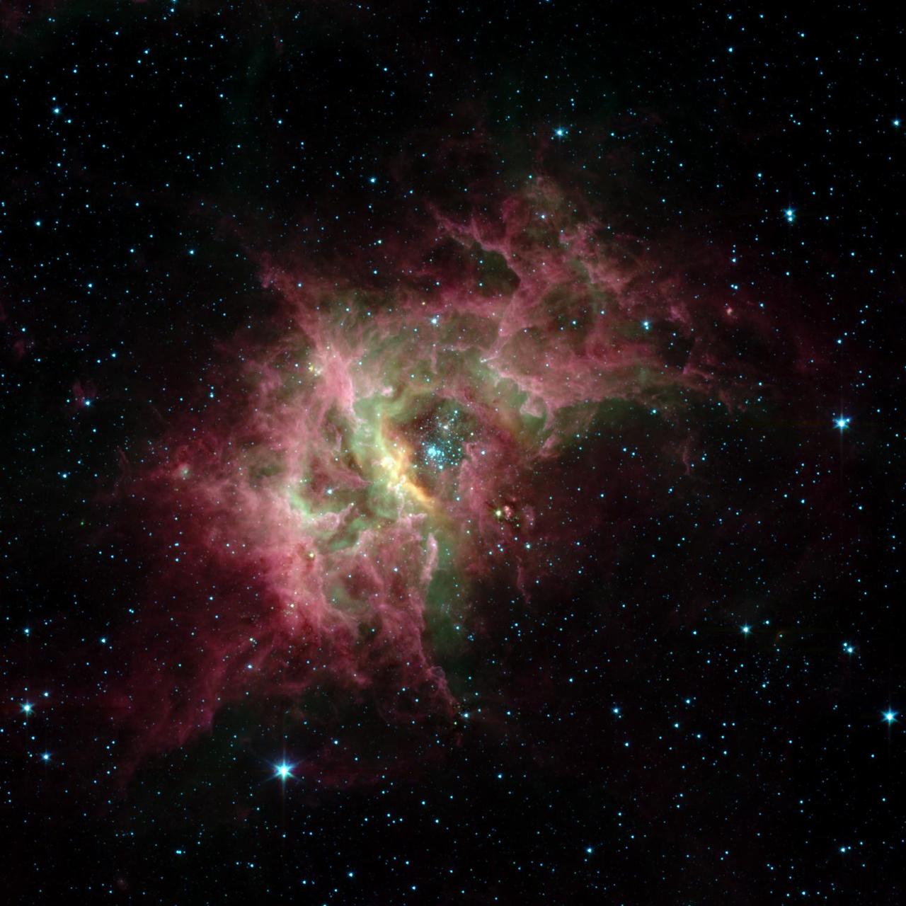 One of the most prolific birthing grounds in our Milky Way galaxy, a nebula called RCW 49, is exposed in superb detail for the first time in this new image from NASA's Spitzer Space Telescope. Located 13,700 light-years away in the southern constellation Centaurus, RCW 49 is a dark and dusty stellar nursery that houses more than 2,200 stars. Because many of the stars in RCW 49 are deeply embedded in plumes of dust, they cannot be seen at visible wavelengths. When viewed with Spitzer's infrared eyes, however, RCW 49 becomes transparent. Like cracking open a quartz rock to discover its jewels inside, the nebula's newborn stars have been dramatically exposed. This image taken by Spitzer's infrared array camera highlights the nebula's older stars (blue stars in center pocket), its gas filaments (green) and dusty tendrils (pink). Speckled throughout the murky clouds are more than 300 never-before-seen newborn stars. Astronomers are interested in further studying these newfound proto-stars because they offer a fresh look at star formation in our own galaxy. This image was taken on Dec. 23, 2003, and is composed of photographs obtained at four wavelengths: 3.6 microns (blue), 4.5 microns (green), 5.8 microns (orange) and 8 microns (red). http://photojournal.jpl.nasa.gov/catalog/PIA05989