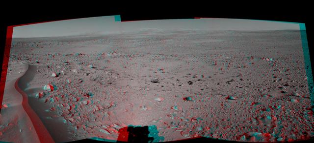 This 120-degree three dimensional anaglyph view from NASA Mars Exploration Rover Spirit highlights a crater approximately 70 meters 230 feet in diameter informally named Lahontan. 3D glasses are necessary to view this image.