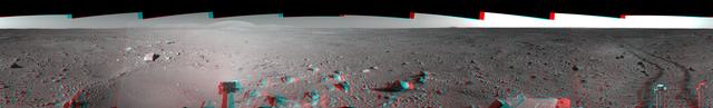 This 360-degree three dimensional anaglyph view from NASA Mars Exploration Rover Spirit highlights Gusev crater on sol 142. 3D glasses are necessary to view this image.