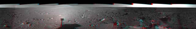 This 360-degree three dimensional anaglyph view from NASA Mars Exploration Rover Spirit highlights Gusev crater on sol 147. 3D glasses are necessary to view this image.